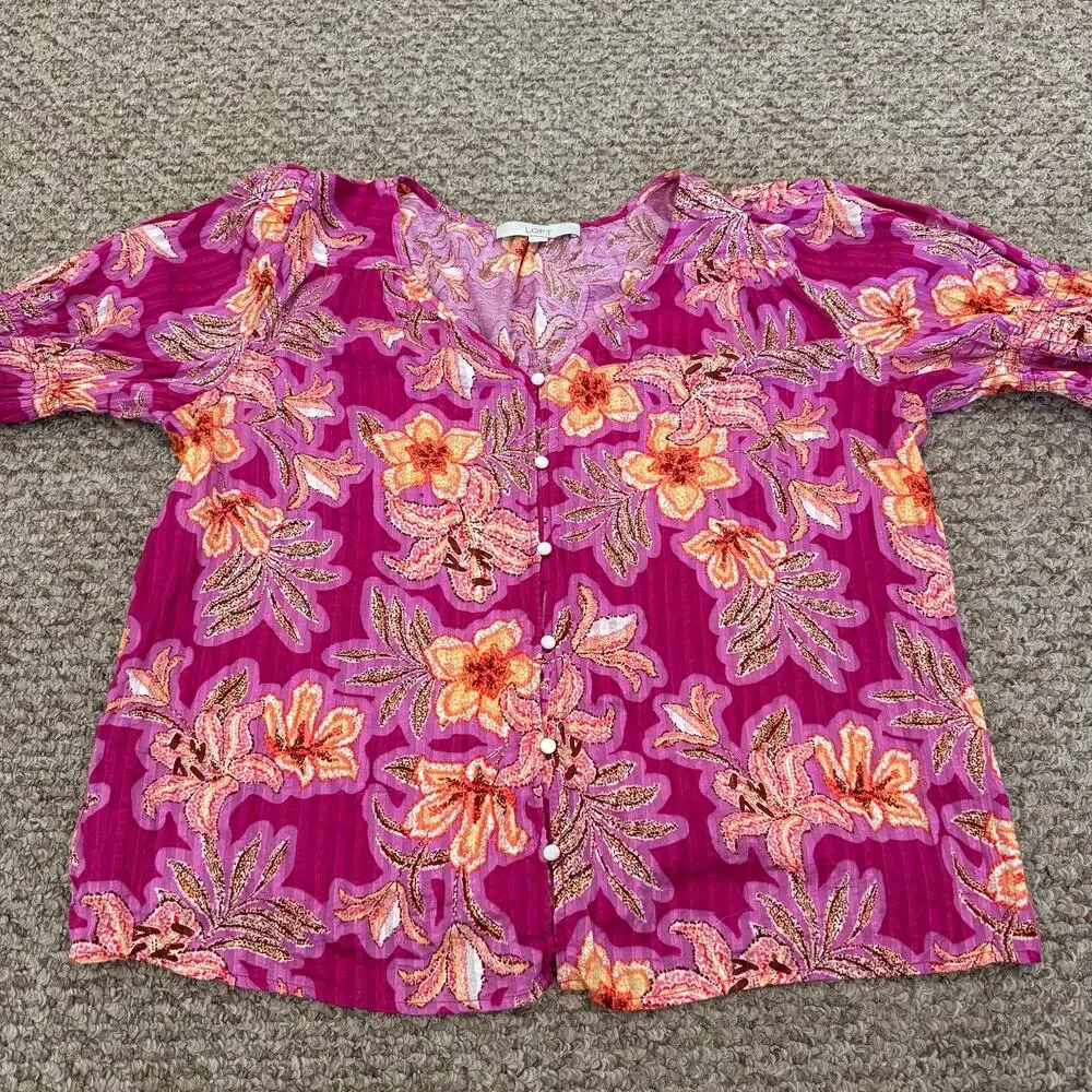 Textured Stripe Floral Puff Sleeve Button Down V-Neck Loft 100% Cotton Blouse